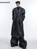 Ouzey Autumn Long Oversized Waterproof Black Faux Leather Trench Coat Men with Hood Loose Luxury Designer Clothes 2025