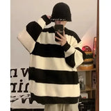 Ouzey Korean style patchwork striped sweater for men in autumn and winter lazy loose knitted sweater round neck retro trendy sweater