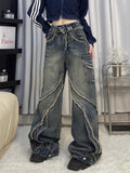 Ouzey Harajuku washed distressed stitching raw edge high street trendy casual jean for women 2025 flesh-covering design straight pants