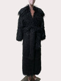 Ouzey Winter Extra Long Black Thick Warm Shaggy Fluffy Fuzzy Faux Fur Coat Women Sashes Luxury Elegant Maxi Furry Overcoat