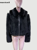 Ouzey Autumn Winter Short Black Thickened Warm Hairy Shaggy Pu leather Patchwork Faux Fox Fur Coat Women Fluffy Jacket