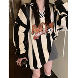 Ouzey dandys world Harajuku V-neck striped baseball contrasting long sleeved loose hooded shirt for women new sports and leisure top goth