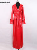 Ouzey Spring Autumn Extra Long Soft Red Reflective Shiny Patent Leather Coat Women Double Breasted Maxi European Fashion