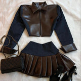 Ouzey Y2K Two Piece Sets Womens Outfits Harajuku Lapel Zipper Jacket Gothic Sexy Pleated Skirt Fashion Black Brown Splicing Skirt Suit