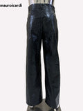 Ouzey Spring Long Black Faux Leather Pants Men High Waist Luxury Designer Pleated Pu Leather Straight Trousers Clothes