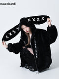 Ouzey Autumn Winter Sweet Cute Kawaii Soft Thick Warm Black Faux Fur Coat Women with Bunny Ears Cute Fluffy Jacket Hoodie