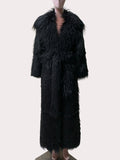 Ouzey Winter Extra Long Black Thick Warm Shaggy Fluffy Fuzzy Faux Fur Coat Women Sashes Luxury Elegant Maxi Furry Overcoat