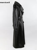 Ouzey Spring Autumn Long Oversized Black Pu Leather Trench Coat for Women Belt Double Breasted Loose Casual Maxi Overcoat