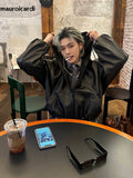 Ouzey Spring Autumn Cool Oversized Black Pu Leather Jacket Men with Hood Zipper Loose Casual Korean Fashion Clothes 2025