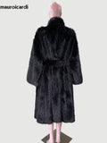 Ouzey Winter Long Oversized Black Thick Warm Soft Shaggy Fluffy Faux Fox Fur Coat Women Sashes Loose Casual Furry Overcoat