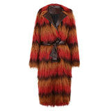 Ouzey Winter Long Colorful Striped Thick Warm Pu Leather Patchwork Faux Fur Coat Women Shaggy Hairy Fluffy Overcoat 2025