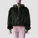 Ouzey Spring Winter Short Colorful Leopard Print Soft Warm Faux Fur Coat Women with Hood Long Sleeve Fluffy Jacket 2025