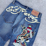 Ouzey 90s Streetwear Gothic Hip Hop Skull Embroidery Jeans for Men Casual Y2k High Waist Wide Leg Baggy Jeans Retro Straight Denim Pants Streetwear