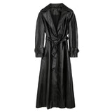 Ouzey Spring Long Fitted Black Soft Pu Leather Trench Coat for Women Sashes Luxury Elegant Chic Faux Leather Overcoat 2025