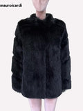 Ouzey Spring Winter Thick Warm Black Hairy Patchwork Faux Fur Coat Women Stand Collar Luxury Designer Fluffy Jacket 2025