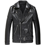 Ouzey Spring Cool Handsome Black Leather Moto Biker Jacket Mens Zipper Belt Autumn Soft Faux Leather Jackets for Men Brand