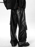 Ouzey Autumn Long Black Shiny Baggy Soft Pu Leather Cargo Pants for Men with Side Pockets Luxury Designer Clothes 2025