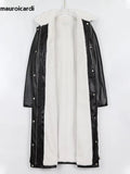 Ouzey Winter Long Warm Thickened Warm Soft Brown Pu Leather Coat Women with White Faux Fur Inside Loose Korean Fashion