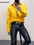 Ouzey Spring Autumn Cool Fitted Black Pink Yellow Shiny Reflective Stretchy Faux Leather Shirt Jacket Men Emo Clothes 2025