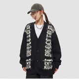 Ouzey 90s Streetwear Retro Sweater Men Letter Pattern Autumn Winter Coat Men Ins Outer Wear Versatile Loose Cardigan Sweater Casual V Neck Sweater