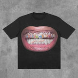 Ouzey 90s Streetwear Teeth Letter Graphic Print Oversized T Shirt Mens Womens Y2k Top Hip Hop Harajuku Gothic T Shirts Short Sleeve Streetwear Tops