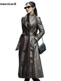 Ouzey Spring Long Black Soft Skirted Pu Leather Trench Coat for Women Sashes  Elegant Luxury Plus Size Clothes 5xl 6xl 7xl