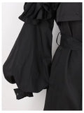 Ouzey Spring Khaki Long Trench Coat for Women with Ruffled Sleeve Belt Elegant Chic Modest Luxury Black Overcoat 2025