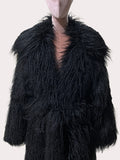 Ouzey Winter Extra Long Black Thick Warm Shaggy Fluffy Fuzzy Faux Fur Coat Women Sashes Luxury Elegant Maxi Furry Overcoat