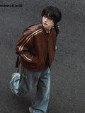 Ouzey Spring Autumn Cool Handsome Short Maillard Style Brown Pu Leather Racker Jacket Men Loose Casual Korean Fashion 2025