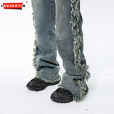 Ouzey Hip Hop Men's Denim Pants Spring Autumn High Street Vibe Personalized Ragged Edge Splicing Jeans Trendy Designer Male Trousers