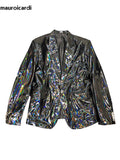 Ouzey Spring Autumn Cool Fitted Black Soft Shiny Reflective Patent Faux Leather Jacket Blazer Men Runway Fashion 2025