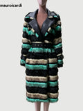 Ouzey Winter Long Striped Colorful Thick Warm Fluffy Pu Leather Patchwork Faux Fur Coat Women Luxury Designer Clothes