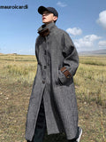 Ouzey Autumn Winter Long Oversized Cool Warm Herringbone Woolen Trench Coat Men Single Breasted Loose European Fashion