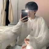 Ouzey White Round Neck Hollow Sweater Men 2024 Autumn Trendy Brand Holed Line Clothes Vintage Versatile Loose Fit Knitted Top