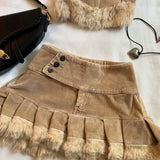 Ouzey Y2K Two Piece Sets Women Sexy Cute Strapless  Bodycon Tops High Waist Pleated Mini Skirt Harajuku Goth Brown Raw Edge Skirt Suit