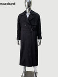 Ouzey Spring Autumn Long Black Hard Waterproof Trench Coat for Women Belt Double Breasted Loose  Casual Luxury Overcoat