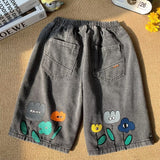 Ouzey Wide-leg denim shorts men's trendy brand  Korean style loose straight shorts summer American retro printed three-quarter pants