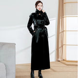 Ouzey Autumn Waterproof Extra Long Black Reflective Shiny Patent Pu Leather Trench Coat for Women Belt Runway Y2K Clothes