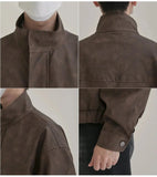 Ouzey Distressed Stand Collar Leather Jacket