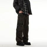 Ouzey 10709 WASHED BROWN CARGO STRAIGHT DENIM PANTS