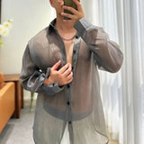 Ouzey Trendy Fashion Shirt Men's See-through Solid All-match Blouse Spring Summer New Sexy Mesh Long-sleeved Shirts LGBT Streetwear