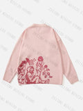 Ouzey 2024 women Streetwear Pink Hoodie Sweater Striped Graffiti Funny Cartoon Graphic Tops Autumn Harajuku Anime  Pullover Hip Hop 