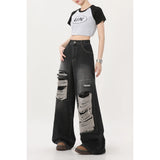 Ouzey Y2K Korean retro hole repair jeans mens and womens 2023 new American style high street loose straight wide leg mopping trousers