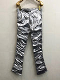 Ouzey Spring Autumn Yellow Blue Shiny Reflective Stretchy Soft PVC Faux Leather Stacked Pants for Men 2025 Y2K Streetwear