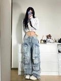 Ouzey 2023 New American Multi-pocket Overalls Female Y2K Fashion Trend High Street Retro Heavy Industry Loose Casual Wide-leg Jeans