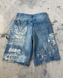 Ouzey Gothic Trend New Hand-painted Cross Printed Short Jeans Men's Loose Straight Five-point Jeans Street Hip-hop Rap Y2K Shorts