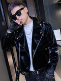 Ouzey Spring Autumn Cool Black Shiny Reflective Patent Pu Leather Biker Jacket Men Belt Zipper Plus Size European Fashion