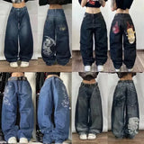 Ouzey Y2K Baggy Jeans Streetwear Womens Hip Hop Skull Graphic Jeans Black Pants New Harajuku Gothic High Waisted Wide Leg Trousers