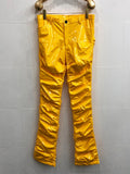 Ouzey Spring Autumn Yellow Blue Shiny Reflective Stretchy Soft PVC Faux Leather Stacked Pants for Men 2025 Y2K Streetwear