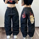 Ouzey Y2K Baggy Jeans Streetwear Womens Hip Hop Skull Graphic Jeans Black Pants New Harajuku Gothic High Waisted Wide Leg Trousers